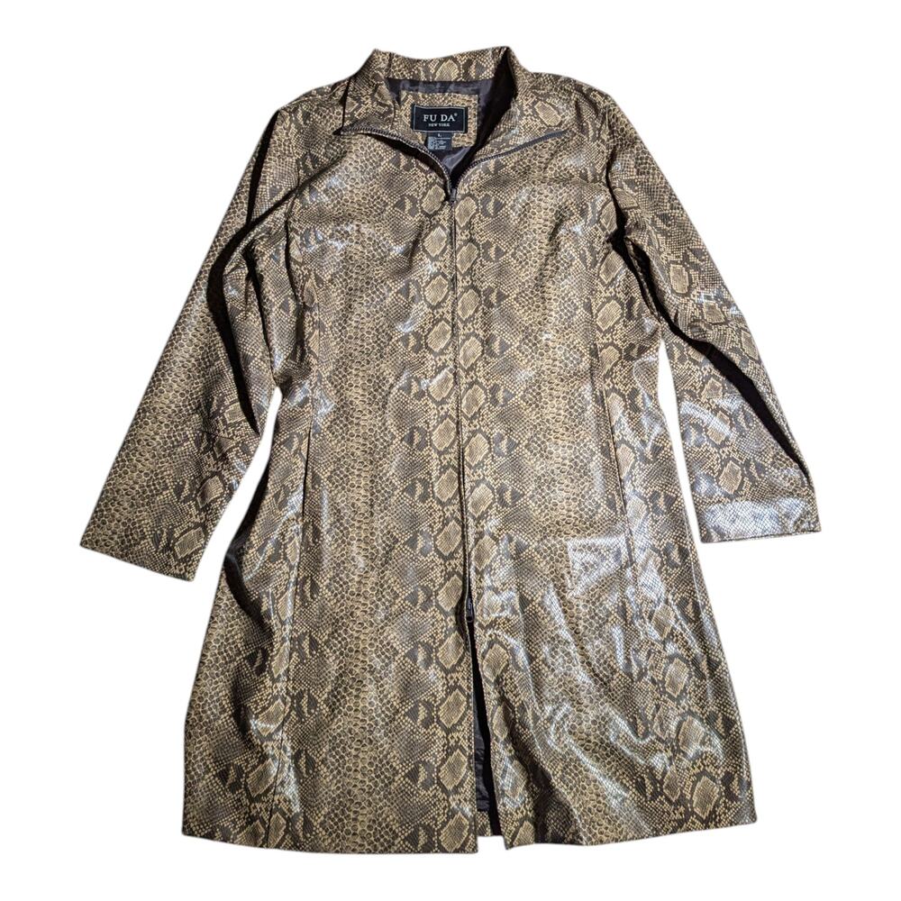 Vtg Y2K Fu Da Beige Snakeskin Print Faux Leather Collared Zip Up Trench Coat L